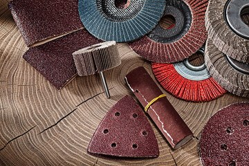 Wall Mural - Abrasive Tools Set On Wood Background.