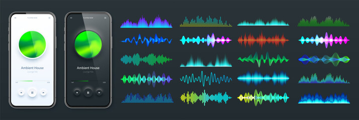 Wall Mural - Online audio player user interface, smartphone app UI design. Music, media streaming and listening platform. Responsive mobile application. Neumorphism. Various sound waves. Vector illustration