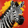 A close-up image of a zebra against a red and yellow painting background