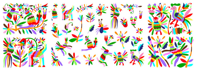 Mexican traditional otomi style embroidery elements, huichol ethnic decor set vector illustration