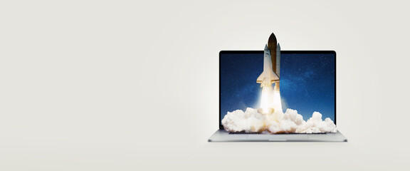 Aufkleber - Space shuttle rocket ship successfully takes off from a laptop on gray background. Rocket with smoke launch. Laptop and growth optimization, concept. Startup boost, creative idea. Business lift off