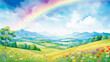 虹のかかる草原風景