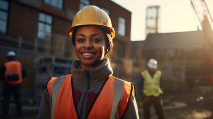 Canvas Print - Smiling woman wearing a safety hardhat and reflective orange vest is standing at a construction site with steel structures in the background.