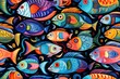 Seamless pattern of various colorful fishes on black background.