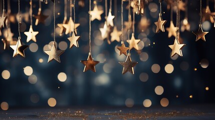 Wall Mural - Christmas star shaped light background. Beautiful bokeh. Festive light. Abstract background of Christmas light with bokeh. Cool and Blue light.