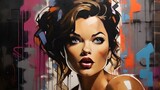 Fototapeta  - portrait of a woman with graffiti. In an urban alley a large piece of artwork, a painting of a woman has been spray painted by vandals or graffiti artists. Ai ganerated image