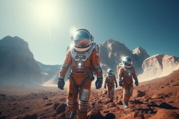 Wall Mural - A group of astronauts in spacesuits walk on the surface of the Planet. Space explorers, Galaxies. 