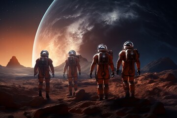 Wall Mural - A group of astronauts in spacesuits walk on the surface of the Planet. Space explorers, Galaxies. Rear view.