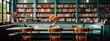 Third place style. cafe in bookstore. Hobby , learning and creative concept. room with large windows, tables , chairs and shelves with books.  banner