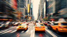 Yellow Taxi Cars In Movement With Motion Speed Blur On Crowded Stret
