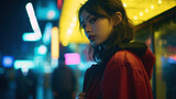 Fototapeta  - Dziewczyna tle sklepów w Tokio, portret uliczny, neonowe światła - Girl against the background of stores in Tokyo, street portrait, neon lights - AI Generated