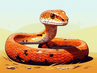 Wall Mural - Illustration of a bright orange corn snake coiled and poised, with detailed scales on plain backghround.