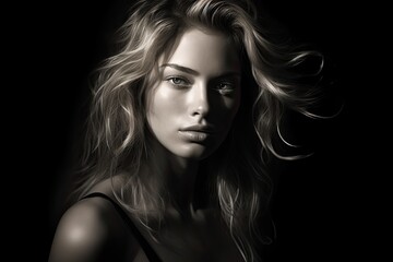 Wall Mural - black and white closeup portrait of a beautiful female model on dark background with harsh shadows