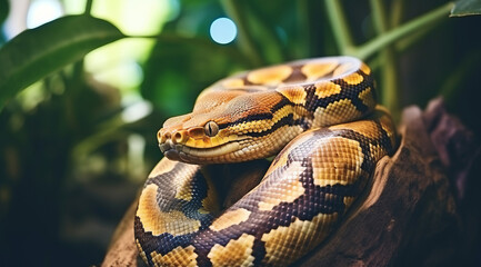 Wall Mural - A ball python curled among foliage, displaying its patterned scales.