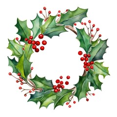 Sticker - watercolor holly wreath with red berries on white