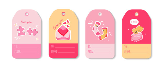 Wall Mural - Minimalistic Valentine`s labels or tags for gifts with funny illustrations of love, toaster, heart, socks, puzzles, envelope, mail. Vector printable stickers design to tag presents for February 14. 