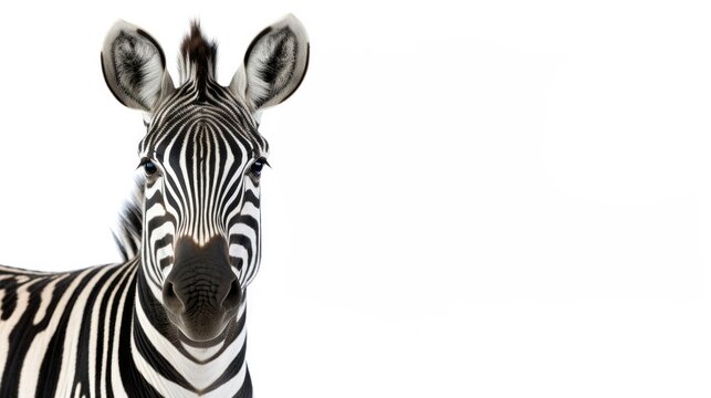 Zebra Isolated on White Background. Front Shot of African Gazing Animal Mammal