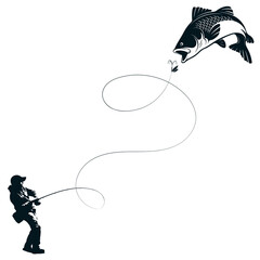 Sticker - Fisherman with a fishing rod and a catch of big fish. Design for fishing and outdoor activities