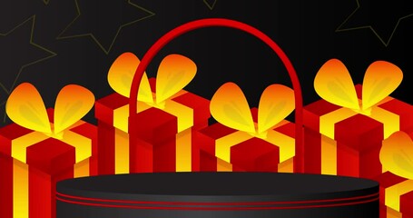 Poster - Black, red and yellow mockup product display with gift box. Vector cylinder pedestal podium. Stage showcase for presentation. Minimal geometric forms.