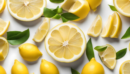 Wall Mural - Whole and half sliced lemon isolated on white background. Top view. Flat lay.