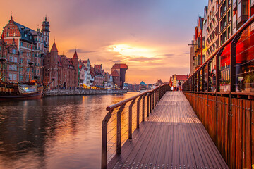 Gdansk beautiful old town over Motlawa river at sunset, Poland