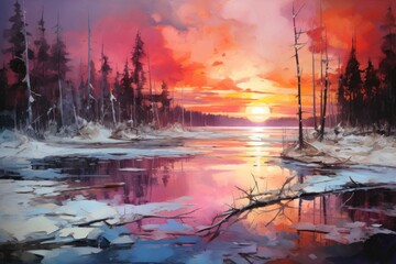 Canvas Print - Frozen Lake Sunsets - Generative AI