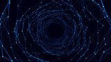 Fototapeta Perspektywa 3d - Futuristic vector sci-fi circle portal in space. 3D ai tunnel with dots and lines. Abstract digital wormhole data. Flow particle by funnel. Fantasy circle vortex on dark background.