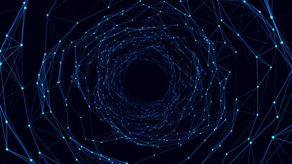 Poster - Futuristic vector sci-fi circle portal in space. 3D ai tunnel with dots and lines. Abstract digital wormhole data. Flow particle by funnel. Fantasy circle vortex on dark background.