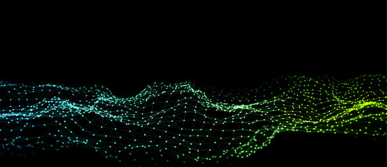 Poster - Dark cyberspace in digital background. Abstract vector technology wave with motion glowing dots and lines. Connection big data. Futuristic wireframe texture. Analysis a network connection.