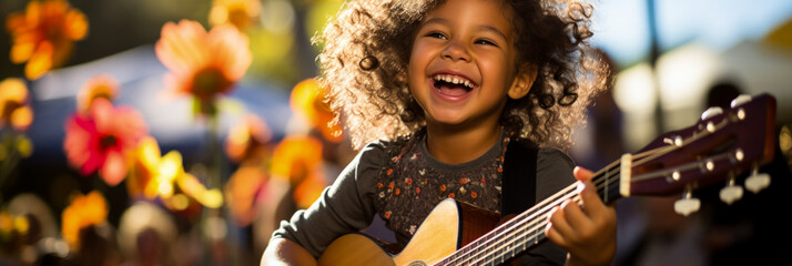 Mexican guitarist girl dances at city fiesta celebrating Hispanic heritage 