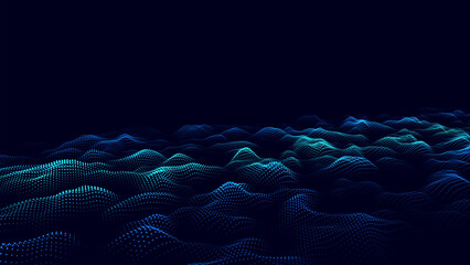 Wall Mural - Abstract vector technology wave with motion glowing dots. Dark cyberspace in digital background. Connection big data. Futuristic wireframe texture. Dynamic analysis a network connection.
