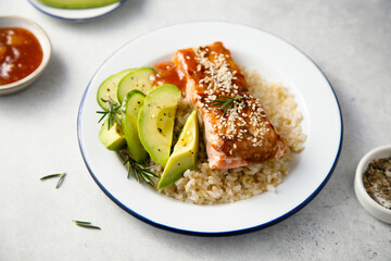 Wall Mural - Roasted teriyaki salmon with avocado