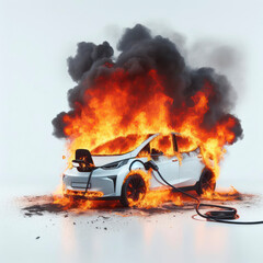 EV car fire while charging. Fire hazard from car on solid white background. ai generative