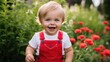 Happy child playing in a sunlit park, wearing a vibrant red shirt and denim overalls. Their contagious smile and blue eyes shine brightly as they enjoy the lush green grass, colorful flowers