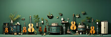 Set Of Guitars And Other Musical Instruments. Musical Flat Green Background.