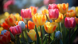 Fototapeta Tulipany - the vibrant colors and patterns of a tulip garden in full bloom, where rows of tulips create a mesmerizing sight created with Generative Ai