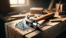 Construction hammer and nails for carpentry