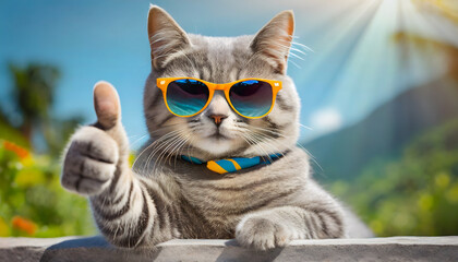 Wall Mural - gray cat with glasses raising thumb up, copy space