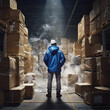 image of a man hiding under a structure in a huge warehouse where a company stores its boxes, protecting himself from an emergency at work, wearing a blue overalls and white safety helmet.