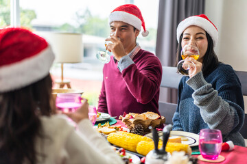 Wall Mural - Portrait of happy big family celebrating new year eve having fun christmas time and eating food on lunch together enjoying spending time together at home