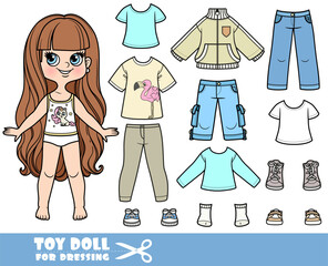 Wall Mural - Cartoon long haired brunette girl and clothes separately - shorts, jacket, boots, long sleeve, jeans and sneakers doll for dressing