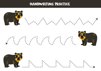 Wall Mural - Tracing lines for kids. Cute cartoon spectacled bear. Handwriting practice.