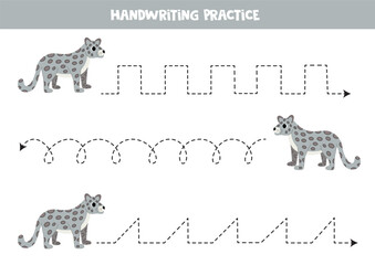 Wall Mural - Tracing lines for kids. Cute cartoon snow leopard. Handwriting practice.