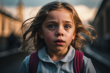 Wall Mural - Baby girl lost in the city, little girl Cute scared and lost look