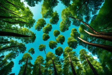 Wall Mural - trees in forest from below green tops of trees blue sky background -