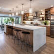 redesign this kitchen as organic modern with a peninsula island, Modern kitchen interior design, table and chairs, white walls