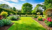 English Style Garden With Scenic View Of Freshly Mowed Lawn Flower Bed And Leafy Trees
