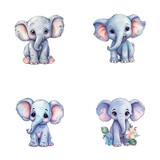 Fototapeta Dziecięca - set of cute elephant watercolor illustrations for printing on baby clothes, sticker, postcards, baby showers, apps, games and books, Safari jungle animals vector