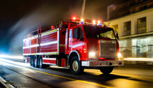 A Red Fire Truck Is Captured In Motion As It Drives Down A Street At Night This Image Can Be Used To Depict Emergency Response Firefighting Or Urban City Scenes