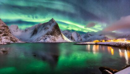 Wall Mural - impressive winter scenery northern lights appear over reinefjord lofoten islands norway lofoten islands one of the most wonderfull nature sightseeing in norway iconic location for photographers